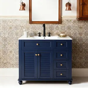 36 Inch Navy Blue Bathroom Vanity with White Ceramic Sink Soft Close Doors Brushed Gold Hardware Freestanding Single Sink Cabinet Solid Wood Frame Storage Unit for Small Bathroom Powder Room
