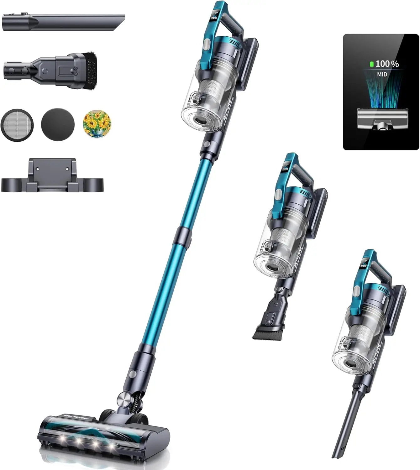 Cordless Vacuum Cleaner , 450W 30Kpa Powerful Suction Brushless Pro Vacuum with LED Display ，45Mins Detachable Battery, 3 in1 Handheld Vacuum with Ad