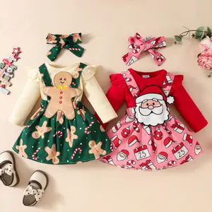Ready Stock 0-18M Baby Girls Clothes Ruffle Long Sleeve Romper Tops + Santa/Turkey Print Suspender Skirts + Headband 3Pcs For Xmas Thanksgiving Days,As Gift B2510151