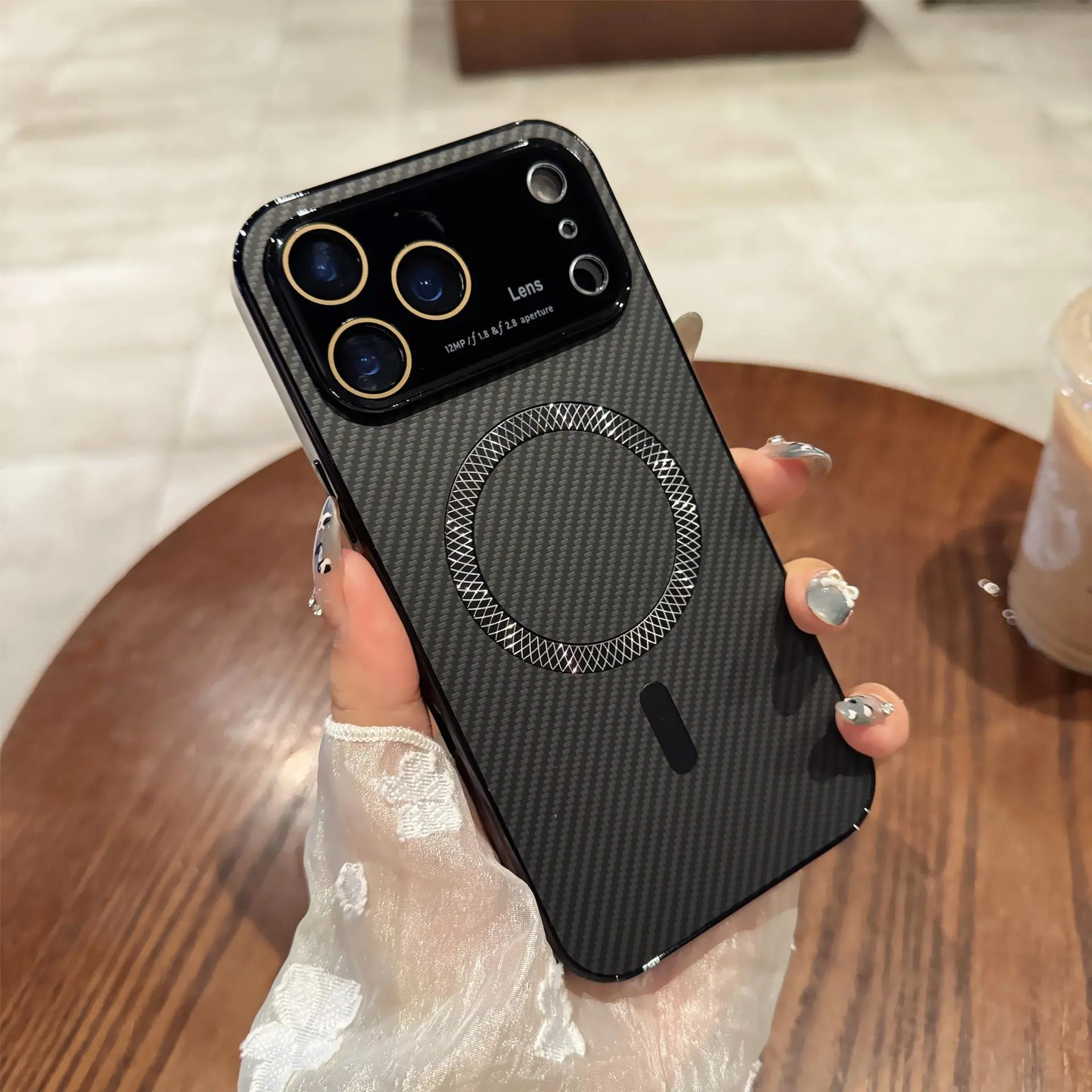 Suitable for iPhone 17 Magnetic Phone Case Rotating Stand iPhone 16 Pro Max Large Window Electroplated Fiber Texture Suitable for iPhone 17 Magnetic Phone Case Rotating Stand iPhone 16 Pro Max Large Window Electroplated Fiber Texture