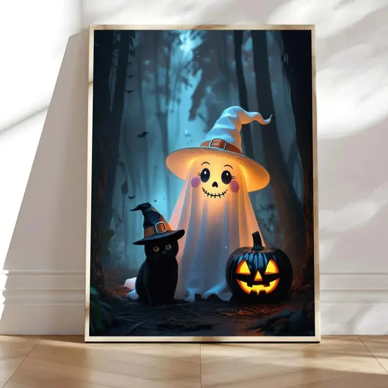 Vintage Halloween Poster, Retro Witch Wall Art  Black Cat & Jack-O'-Lantern Print, Spooky Cute Halloween Decor, 1950s Style Halloween