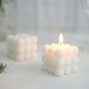 2-Pack Decorative Paraffin Wax Candles 2" Bubble Cube Design White - Unscented Long Burning Pillar Candle Set