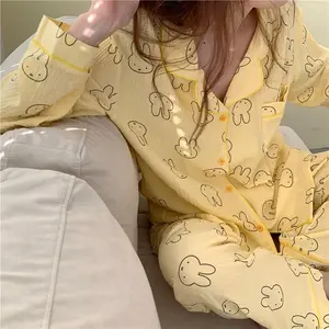 Kawaii Miffy Bunny Cute Cotton Gauze Sleepwear Set Open-Front Cardigan & Pants for Women Seasonless Home Outdoor Wear Loose Fit