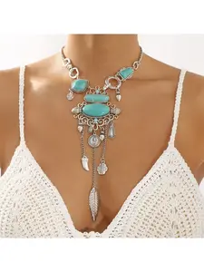 New European and American ethnic style exaggerated pattern turquoise alloy necklace with vintage design Y-shaped necklace