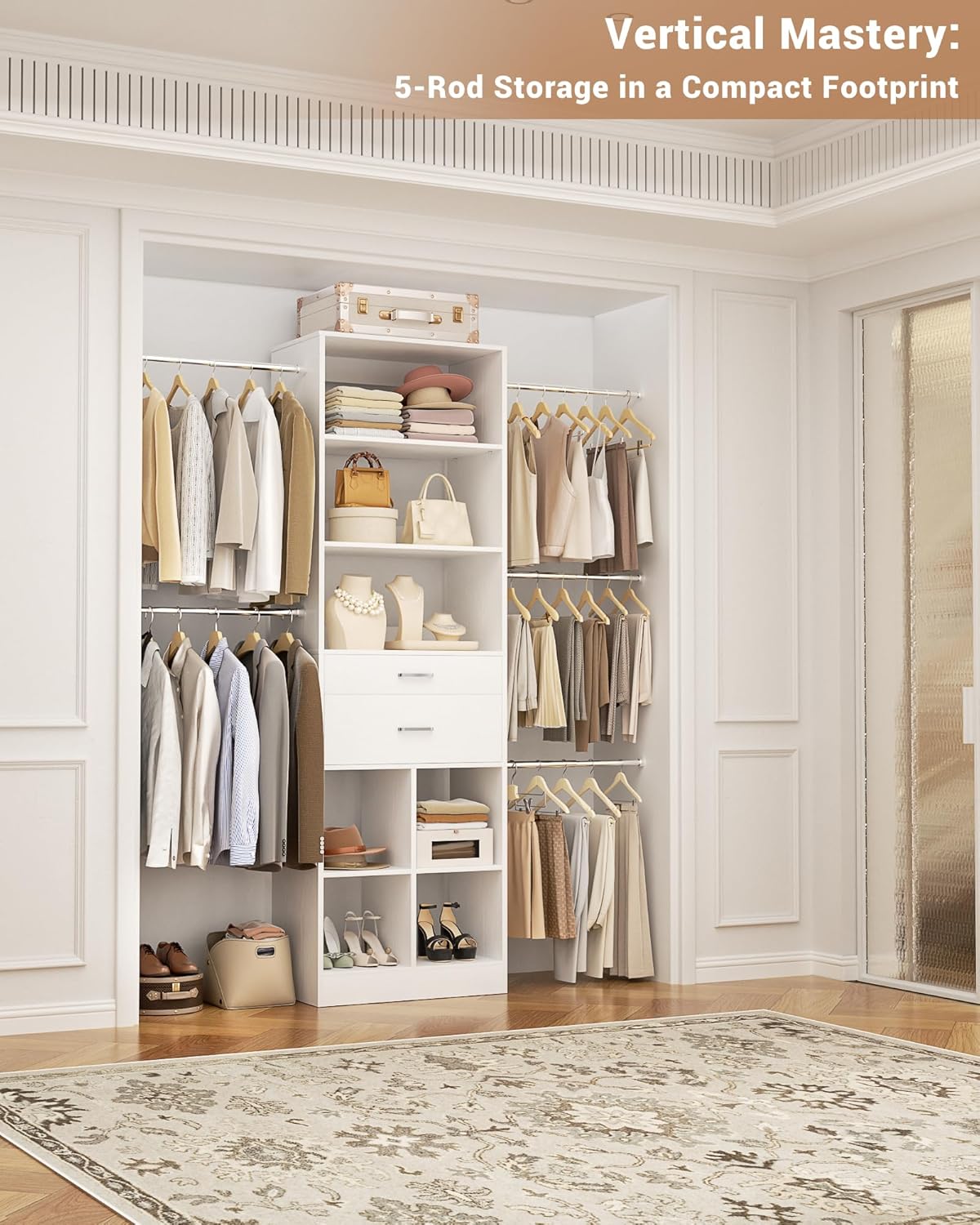 56''-81'' Adjustable Closet System for Reach-in/Walk-in/Built-in Closet Space, 3.2-6.8FT Small Closet Organizer Wardrobe Tower with 2 Wooden Drawers & 5 Expanable Hanging Rods