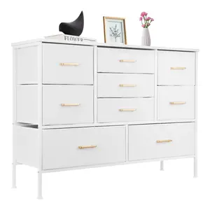 Fabric Dresser for Bedroom, Storage Tower with 9 Drawers, Chest of Drawers with Fabric Bins, Tall Dresser for Hallway, Closets, Nursery (White) Wood Top Cabinets Wood Lateral Cabinet