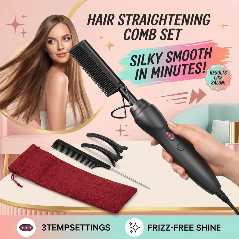 Professional Hot Comb for Black Hair, Electric Hair Straightener Comb for Wigs, Natural Hair, Silk Press & Edge Styling