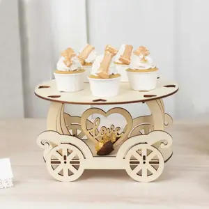 Wooden Wedding Cake Stand Carriage Shape Natural with Laser Cut Design - Round Cupcake Holder Display Plate 12"