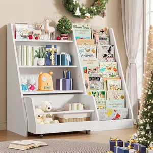 IRONCK 42 Inch Kids Bookshelf and Toy Storage, 4 Tier Toddler Bookshelf with Movable Drawer 5 Sling Pockets, Montessori Book Shelf for Kids Room, Playroom, Nursery-White