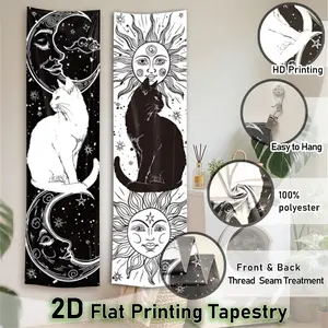 Black and White Cat Vertical Banner Tapestry Sun and Moon Long Narrow Tapestry Durable Decorative Tapestry Wall Hanging Stars Tarot Card Aesthetic Art Tapestries Ideal Gifts for Home Decor Enthusiasts Polyester Washable Wall Decor for Bedroom 59*15.7inch
