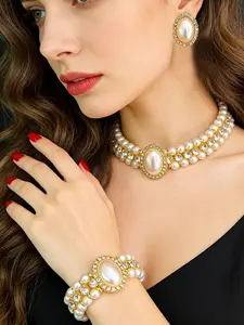 French Vintage Imitation Pearl Matching Jewelry Set, Rhinestone Double Layer Oval Pearl Necklace Bracelet Earrings Set, Elegant Bridal Wedding Dress Choker, Necklaces Earrings Set