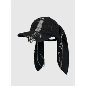 Cute bunny hat with ears, Y2K grunge metal iron ring chain distressed denim baseball cap, distressed dad hats