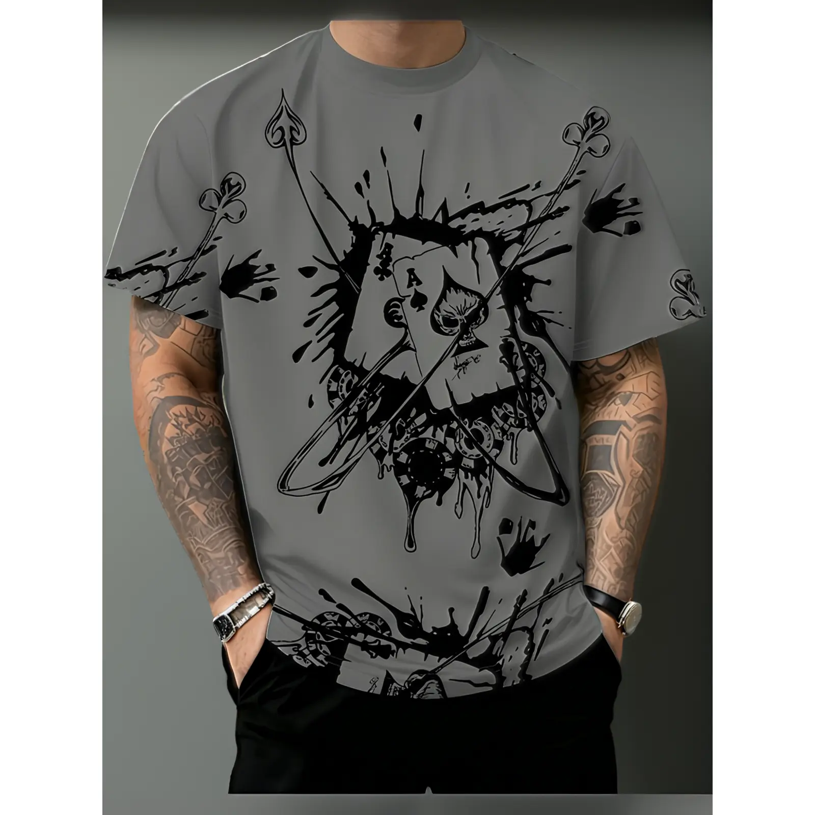 Men'S Digital Print T-Shirt, Men'S Series Digital Print T-Shirt with Playing Card Design, Casual Round Neck T-Shirt, Summer Wear Top, Urban Street Fashion Design, Plus Size