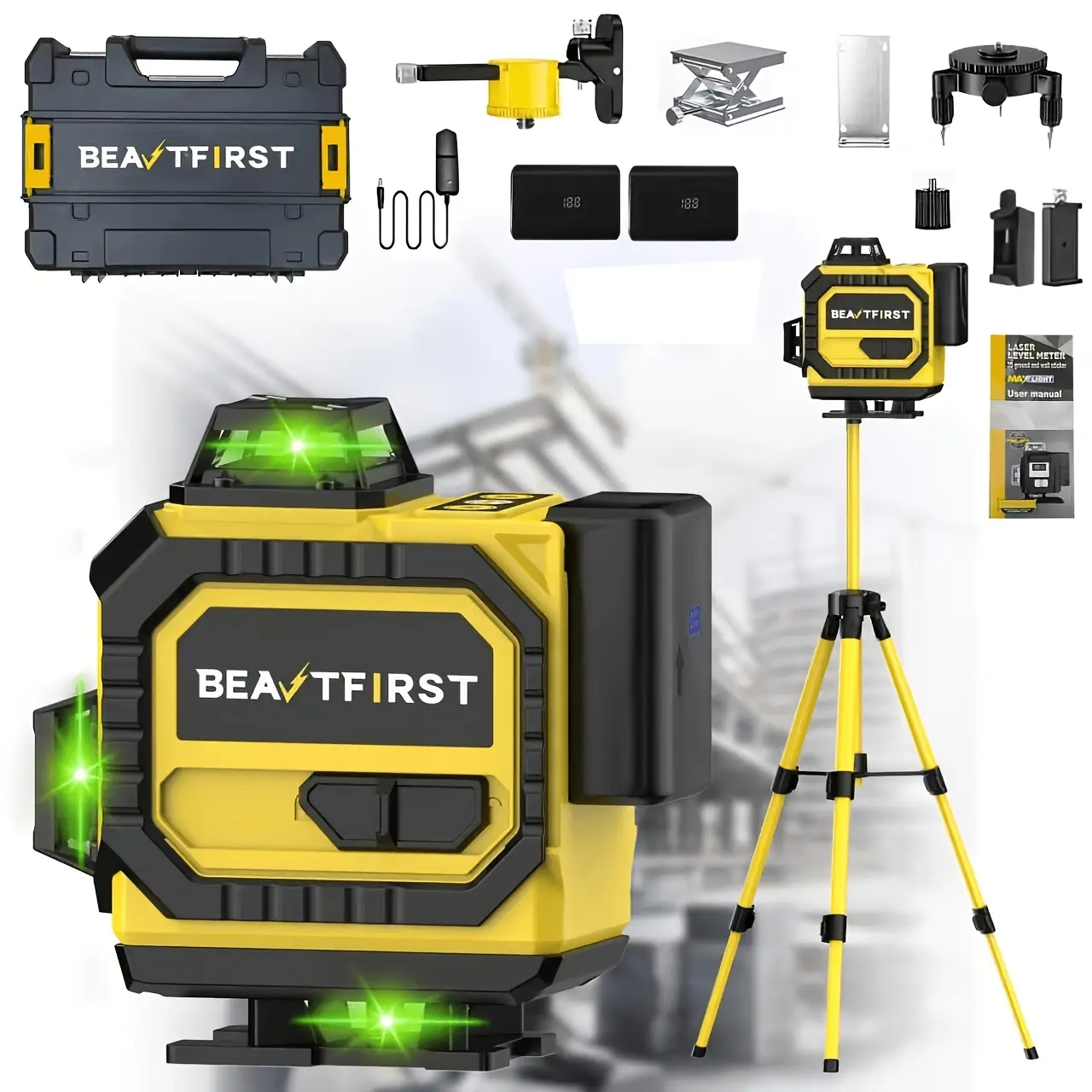 DateSea 12V Lithium Battery-Powered 3-Sided 360° Vertical & Horizontal 12-Line Green Level, IP65 Rated Outdoor Measuring Tool with Durable Over-Molded Case, Battery & Charger