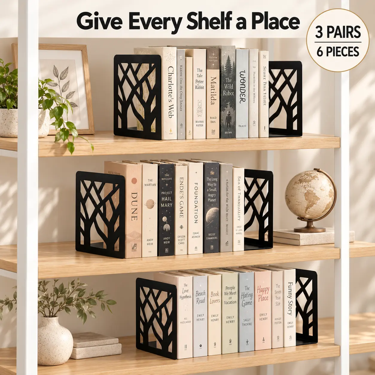 MaxGear  6 Pairs Book Ends Tree Design Bookends,Metal Constructio,Heavy Duty,Non-Skid Pads,Scratch Resistant,Stable Support,Space Saving,2 Pieces,Bookcase Desktop Use