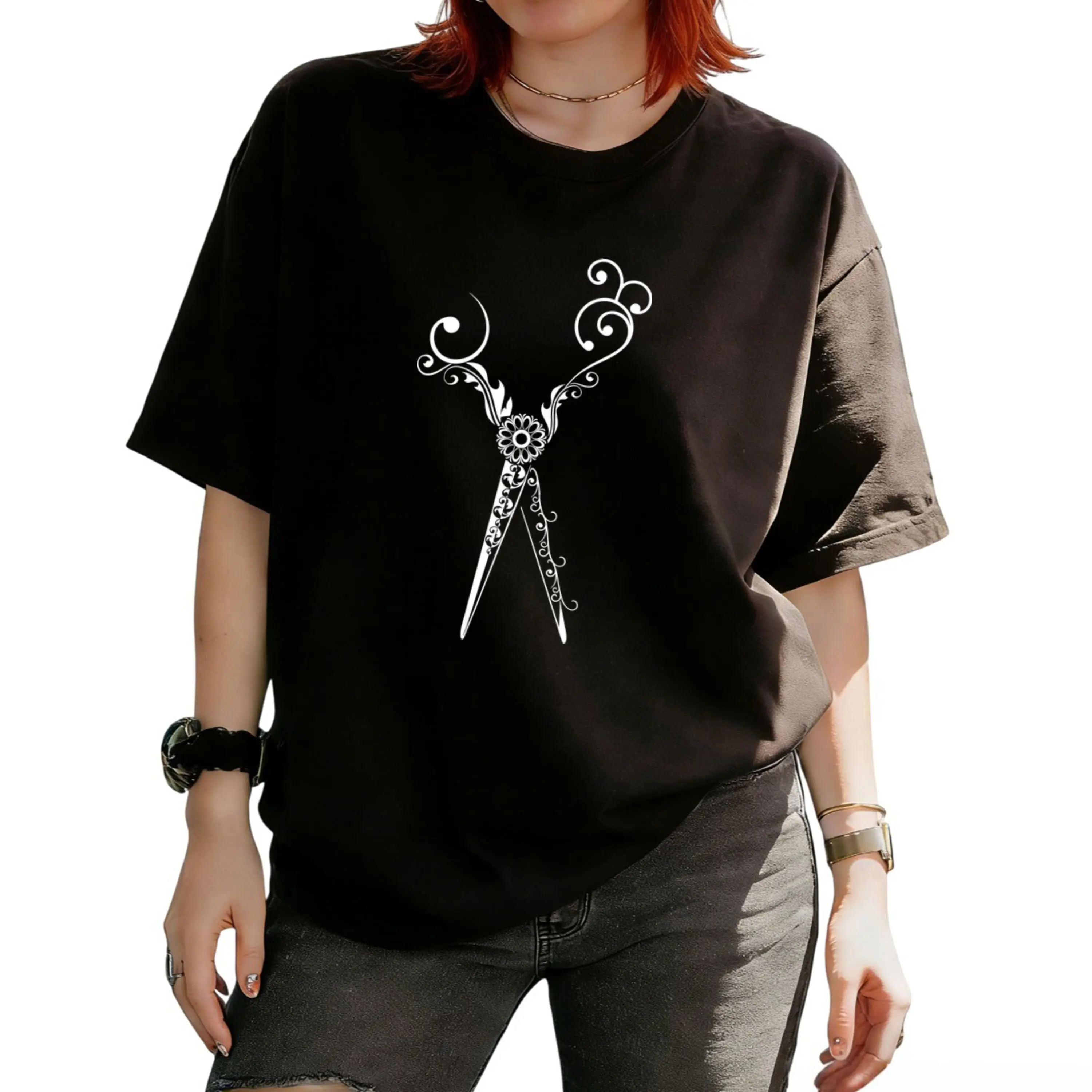 Men's & Women's Hairdresser T-Shirt - 100% Cotton Retro Scissors & Hairdressing Shears Design with Hair Dryer & Haircut Tools Print, Salon Apparel, Machine Washable Casual Round Neck Short Sleeve Tee for Stylists, Barber Gift, Seasonal Casual Wear,