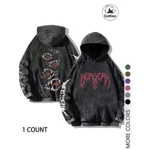 A unisex oversized dark streetwear hoodie with bold berserk patterns and full print design, made of soft cotton, is an ideal choice for unisex streetwear enthusiasts and music festivalsRAIMENTRY