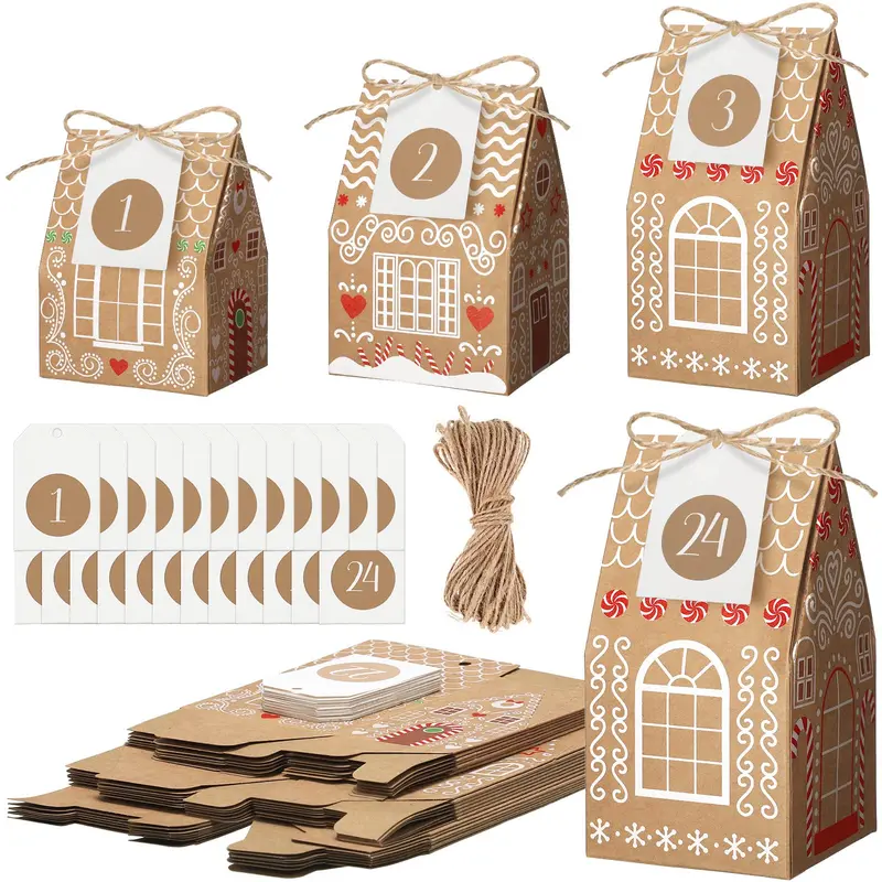 24/48/60 Pcs Christmas Advent Calendar 24 Days Countdown Gift Fill It Yourself Empty Gift Boxes Christmas Gingerbread House Candies Treats Boxes,School Home Table Decorations,Empty Advent Calendar for Xmas Holiday Birthday Party Favor Supplies