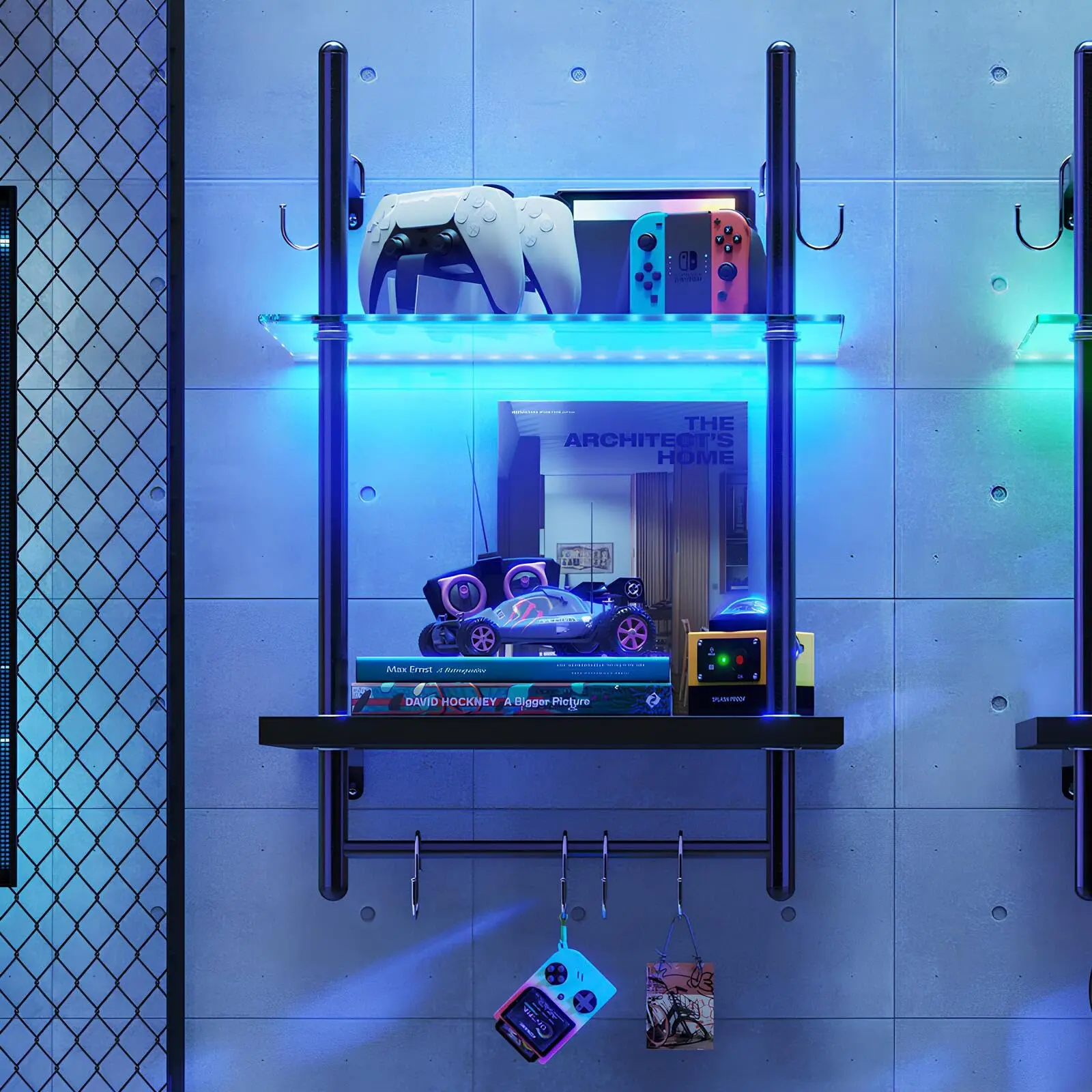 Bestier Industrial Metal LED Gaming Floating Shelves - 2-Tier Glass Display Rack, RGB Lights, Towel Bar, 6 Hooks, Carbon Fiber Black, Mounted Design for Blank Wall, Man Cave Shelving, Bedroom, Light Up Your Space