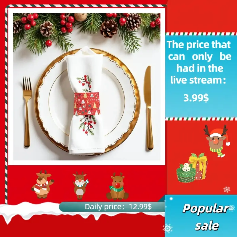 Christmas Napkin Rings Set of 100PCS, Christmas Tree Napkin Ring Decor Napkin Ring Holder, Xmas Cedar Snow Napkin Ring for Christmas Wedding Party Champagne Bottle Banquet Table Decorations