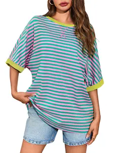 Skoinvb Women's Summer Trendy Oversized Tee Shirt - Crew Neck Half Sleeve Striped Color Block Tunic Tops, Casual Daily & Weekend Outfits