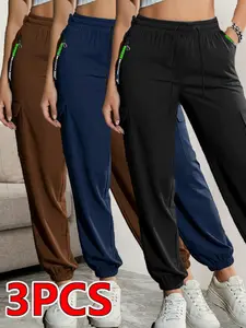 1 pack of 3 women’s summer cargo pants with zippered pockets, featuring a fashionable large pocket design and an elastic waistband; casual outdoor/daily slim-fit long pants