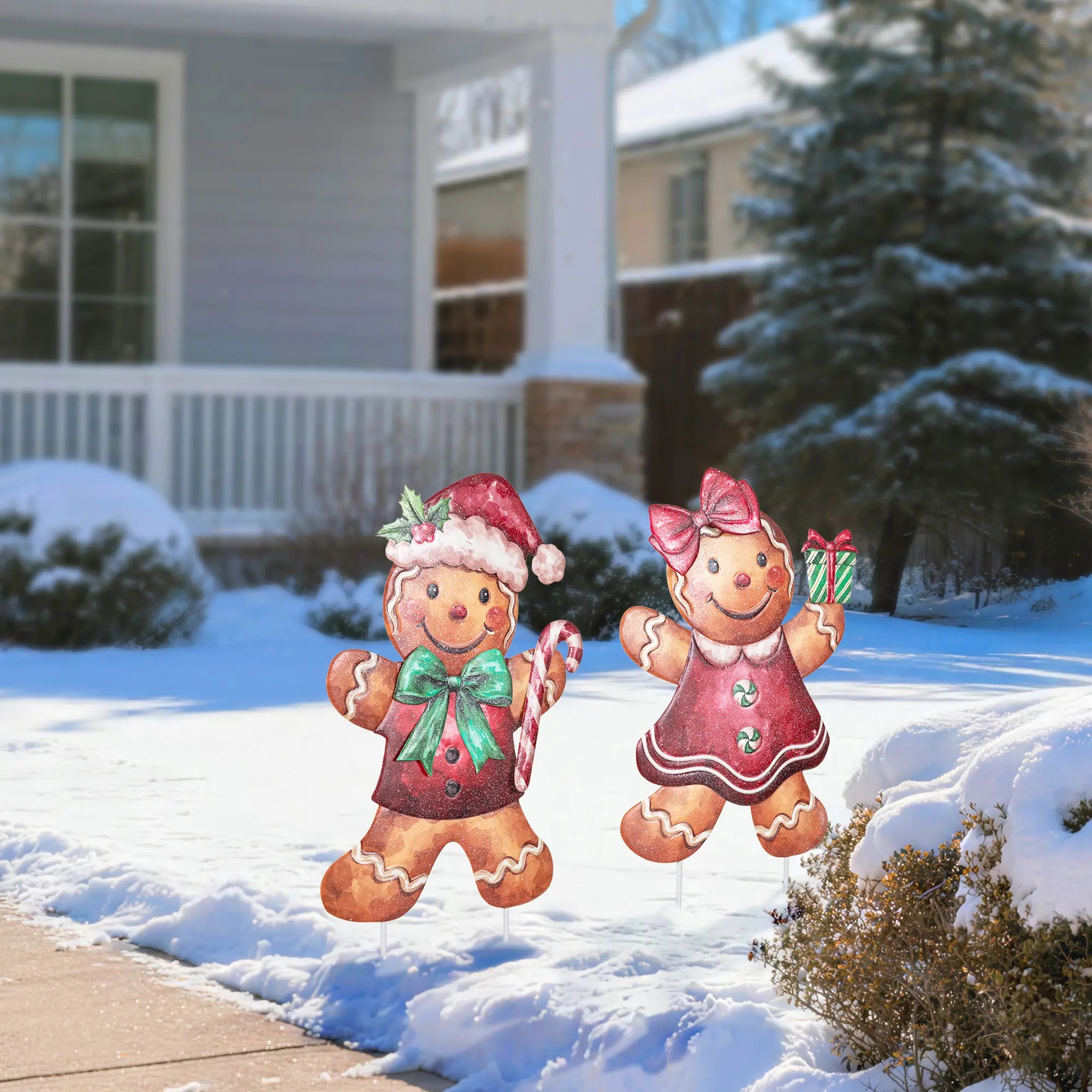 Glitzhome 25"H S/2 Christmas Metal Gingerbread Boy and Girl Yard Stake