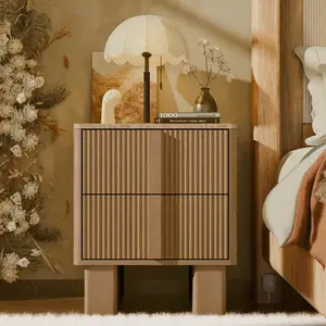 Modern Fluted Nightstand Set of 2 with Charging Station, 22" Tall Whitewashed Oak End Tables with 2 Spacious Drawers & Reinforced Wide Legs, Bedside Storage for Bedroom & Living Room