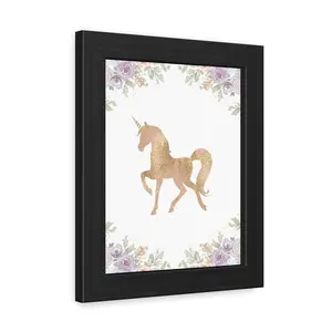 Gold Unicorn Floral Print Framed Poster | Pastel Rose Border