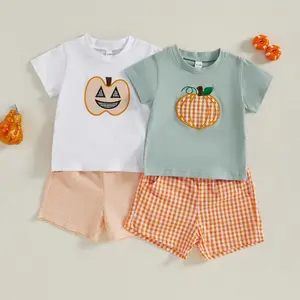 REDWOON Toddler Boy Halloween Outfit Pumpkin Embroidery Short Sleeve Shirt Plaid Shorts Toddler Boy Halloween Clothes 6M 12M 18M 24M 2T 3T 4T