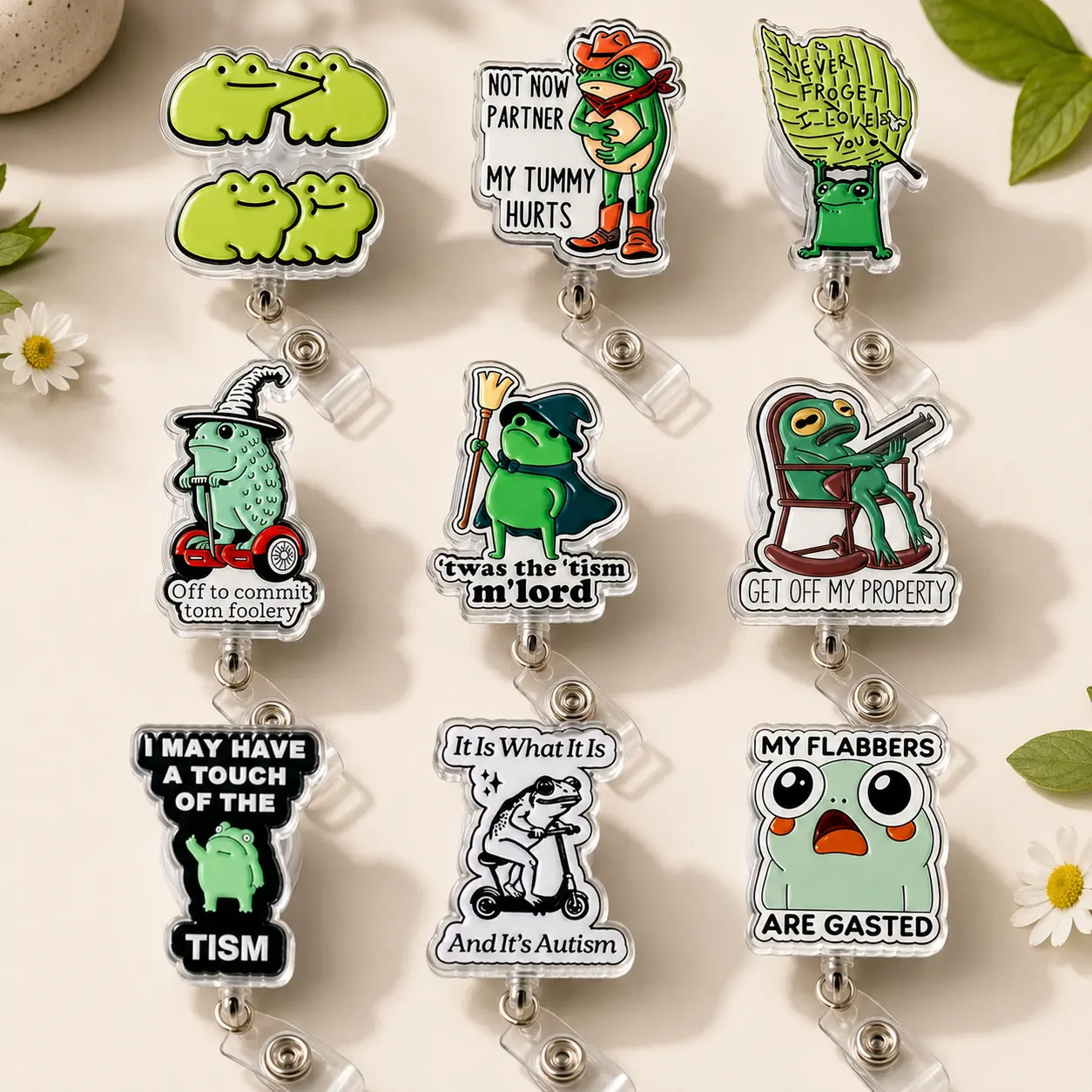 Funny Frog Meme Acrylic Badge Reel Retractable ID Card Holder Name Tag Clip For Nurse Doctor Hospital Employee