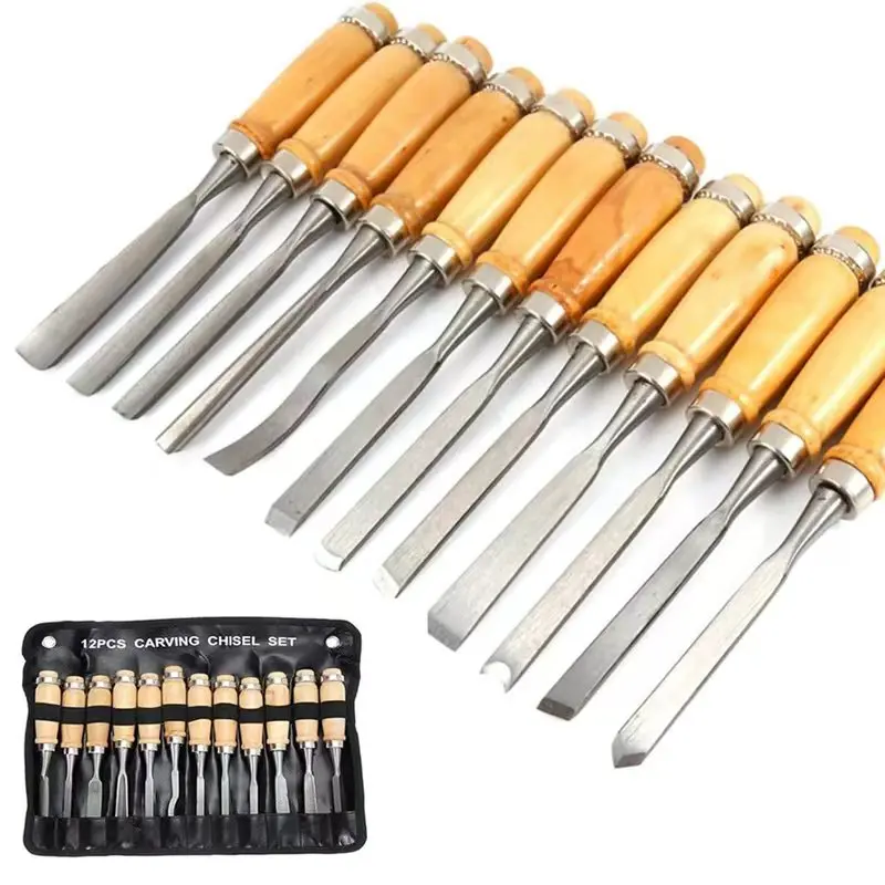 Professional Wood Carving Knife Set, 12-Piece High Manganese Steel Tools with Beech Handles, Precision Work & Polishing, Includes Storage Box