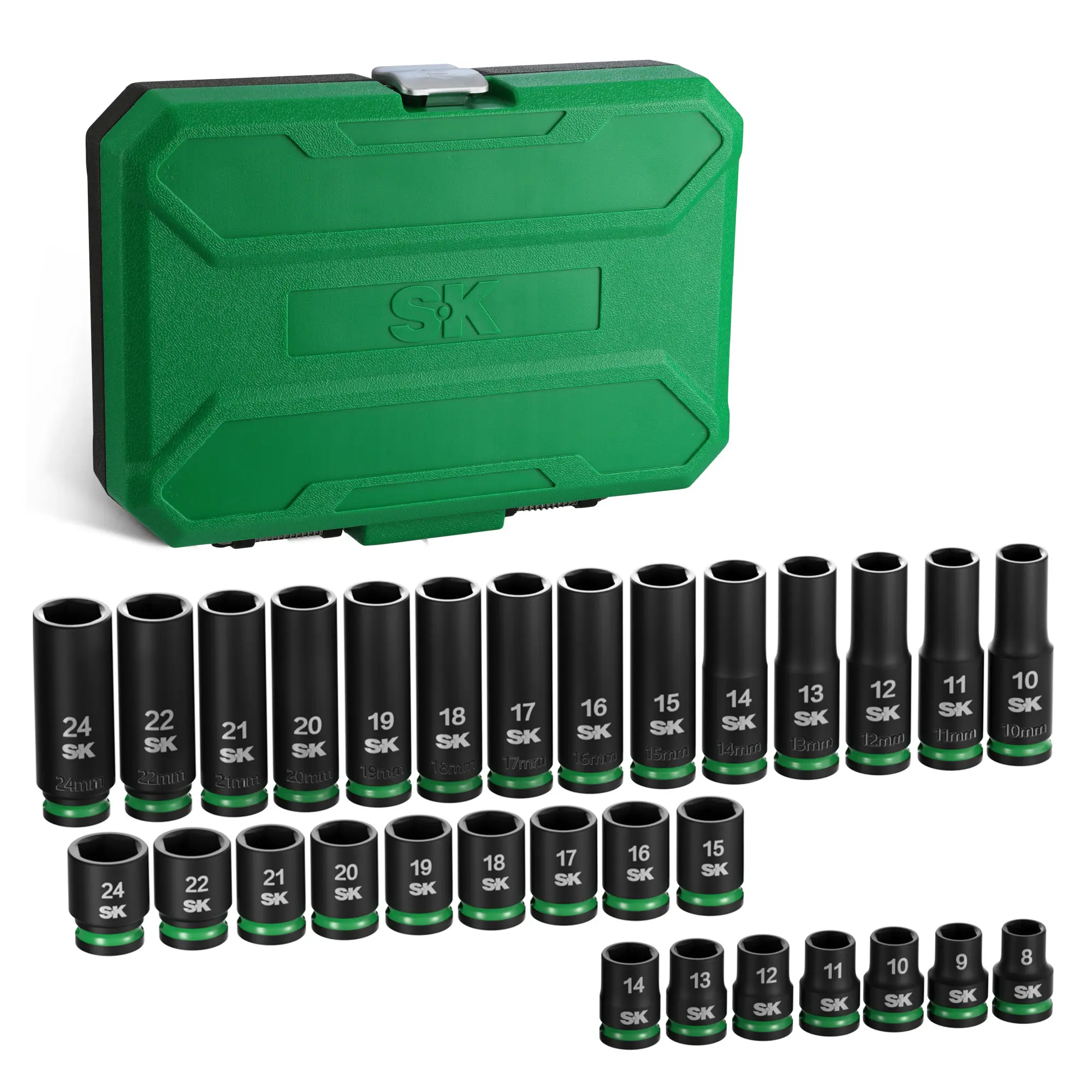 #fathersdaygift SK 1/2" Drive Impact Socket Set, 30-Pack Metric Sockets, Deep 10mm to 24mm, Shallow 8mm to 24mm, Premium CR-MO Steel, SureGrip 6 Point Design, With Storage Case