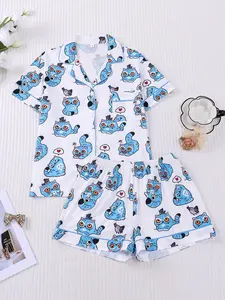 Women's K-Pop Hunter Girl Group Printed Short Sleeve Shorts Set, Womenswear, Casual Fitted Top with Button and Small Pocket, Elastic Waistband, All Seasons Breathable Comfort