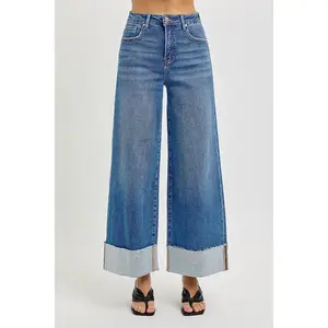 RISEN Full Size Tummy Control High Rise Crop Wide Cuffed Jeans Plus Size