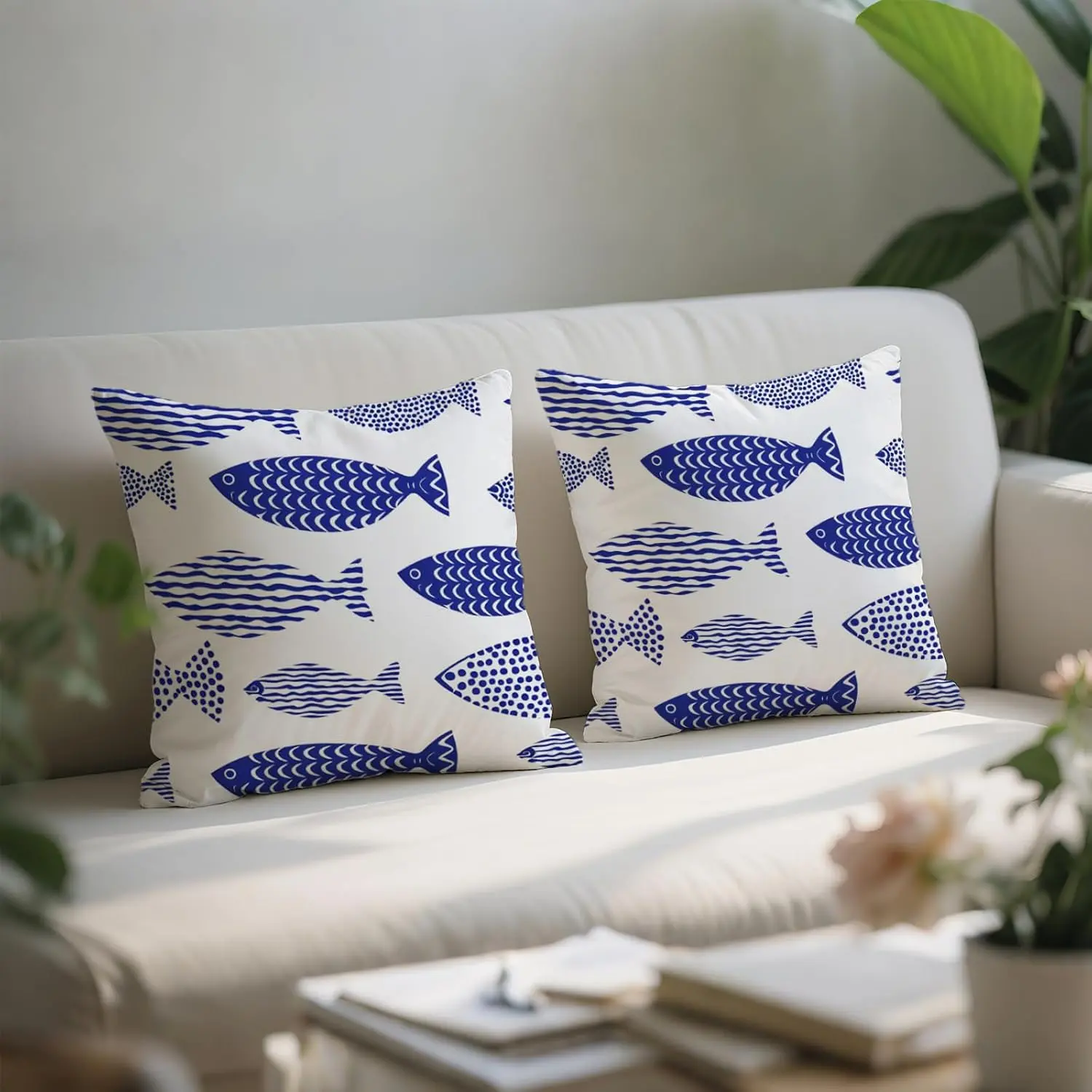 Navy Blue Fish Nautical Throw Pillow Covers 18x18 Inches Set of 2, Envelope Closure Cushion Covers No Zipper Coastal Home Decor