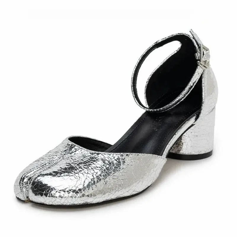 Designer Women's Sheepskin Footwear - 6cm Heels, Split Toe Tabi, Retro Elegant Mary Janes, Solid Colors, Comfortable Slip On Summer Sandals, Artificial & Genuine Leather Mix, Euro 35-40/US 5-9, Casual Trendy Glitter Style