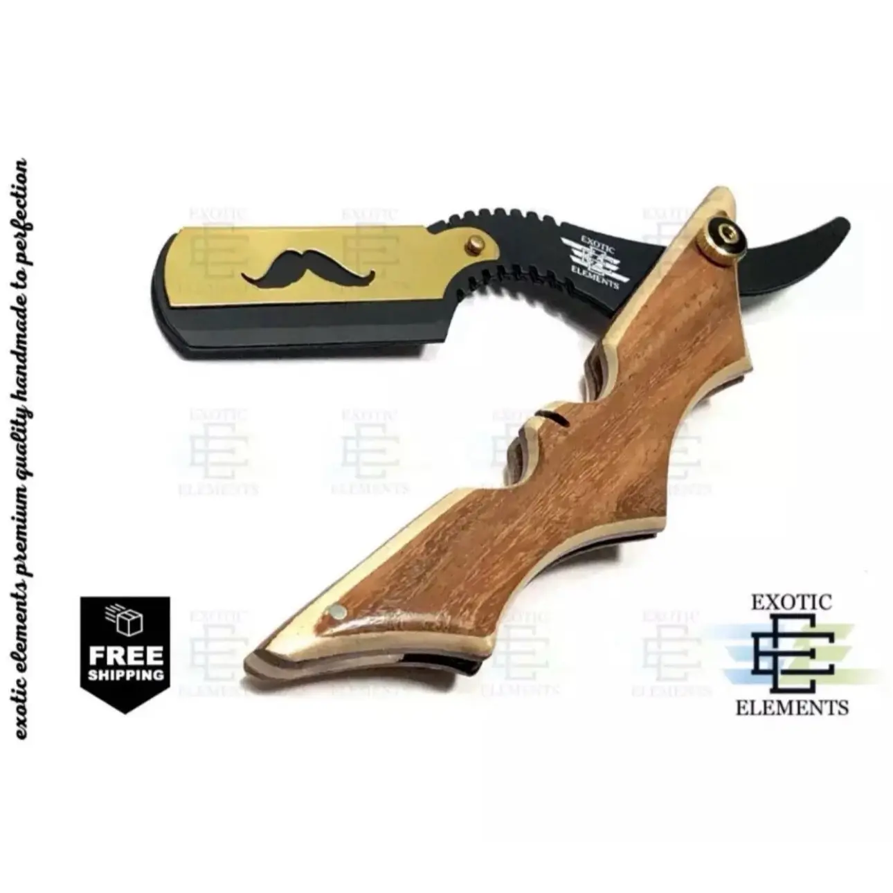 Men’s Multipurpose Barber Shop and Salon Hair Cutting Straight Edge Razor Black and Gold Free Blade -Engraved