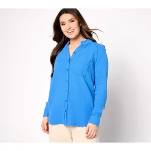 QVC Belle Beach by Kim Gravel Women's Gauze Big Shirt with Frayed Trim and 1 Pocket