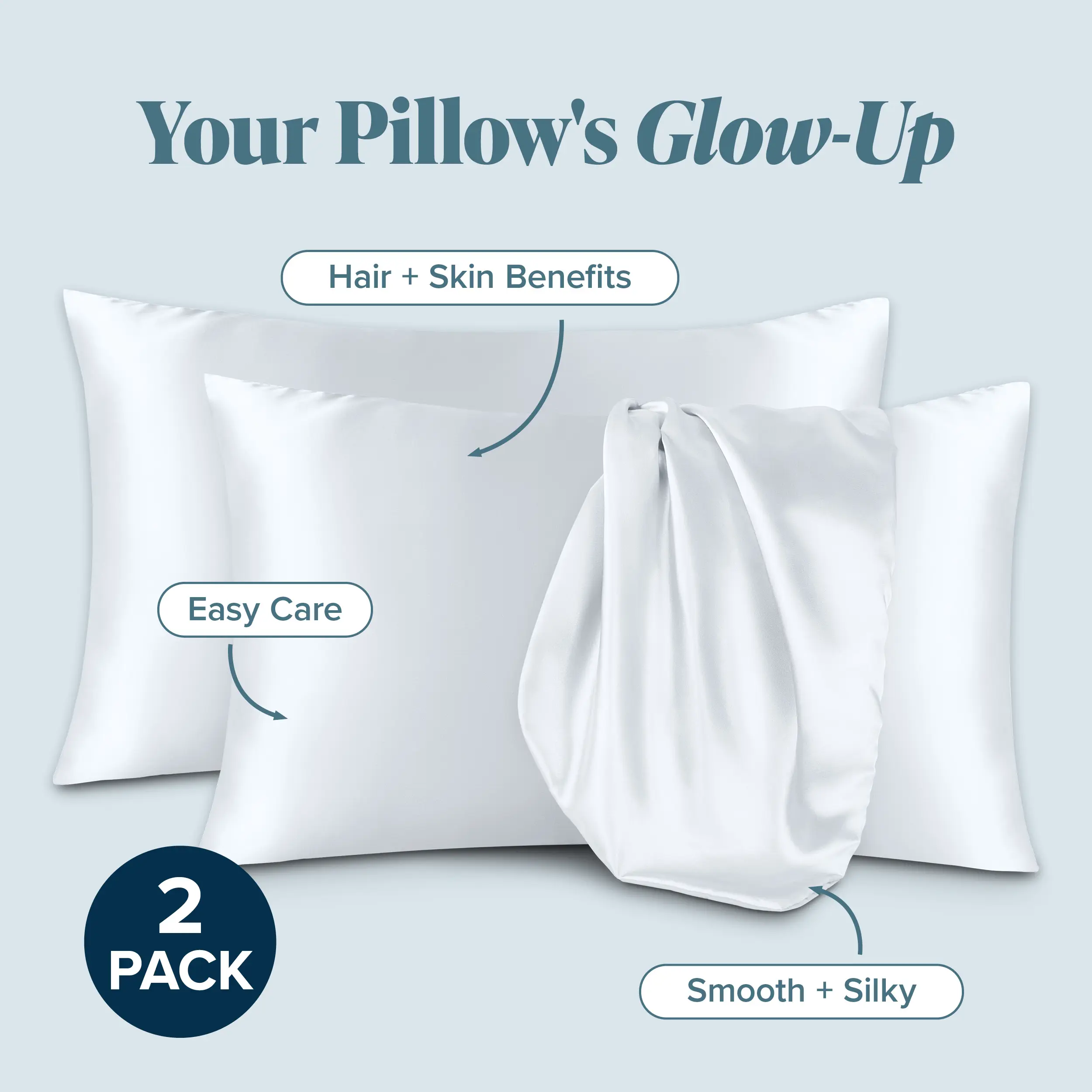 Bare Home Soft Solid 2-Piece Hair-Safe Poly Satin Pillowcase Set - Rectangular, Silky Texture, Skin-Friendly, Machine Washable Bedding Accessory for Night Routine