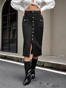 Elastic Washable Casual Fashion Chic Button Denim Bodycon Skirt, Women's Midi Skirt for All Seasons, Sexy for Dating
