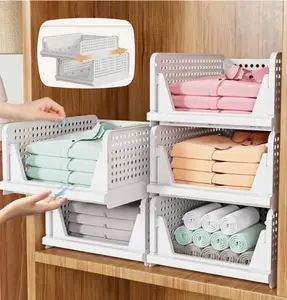 Folding Closet Organizers Storage Box, Stackable Storage Bins, Plastic Drawer Basket Closet Storage for Wardrobe Cupboard Kitchen Bathroom Office 4 Pack