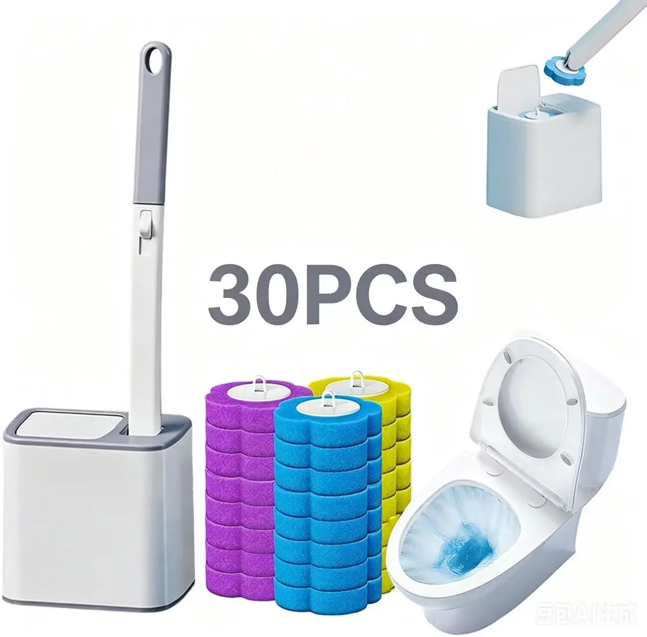 Plastic Disposable Toilet Cleaner Brush Set - Wall-Mounted Space-Saving Bathroom Organizer Box with 30 Sponge Refills, Deodorizing, Suitable for Toilets and Sinks
