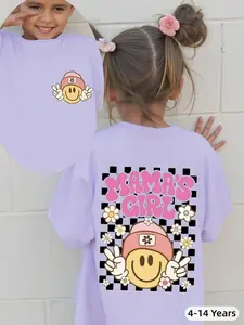 Young Girls Casual Comfortable Fashion Cute Checkered & Face Letter "MAMA'S GIRL" Print Round Neck Short Sleeve T-Shirt, Summer Girls Graphic Tee, Funny Graphic Tees