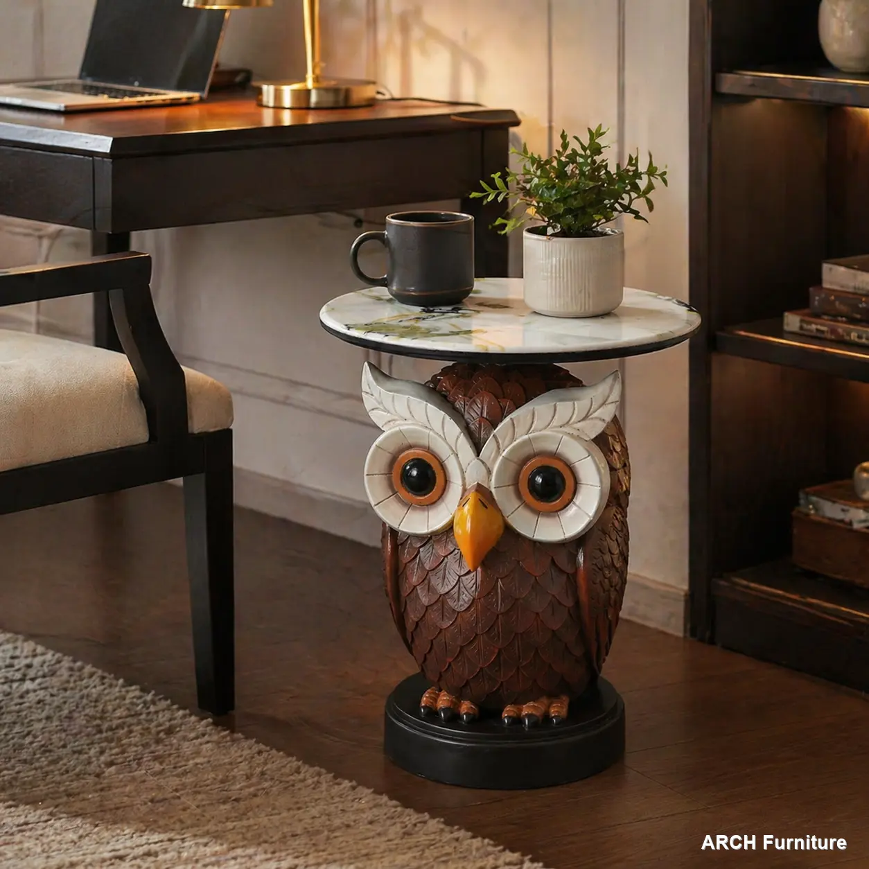 ARCH Artistic Owl Sculpture Accent Table - Assembled Artificial Marble Effect End Table, Durable Resin Construction, Indoor Entryway Living Room Furniture Decor, Assembled End Tables
