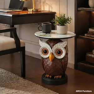 ARCH Artistic Owl Sculpture Accent Table - Round Top Resin End Table with Durable Construction, Indoor Living Room & Entryway Furniture