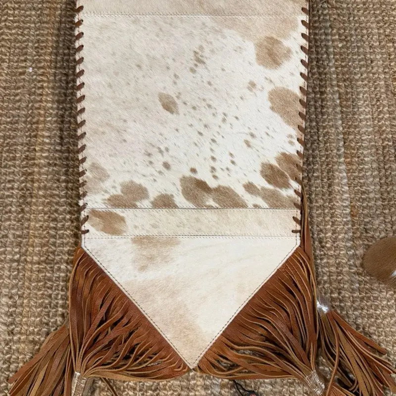 Cowhide High Table Runner Large with Fringe and Natural Cowhide Texture for Rustic Decor