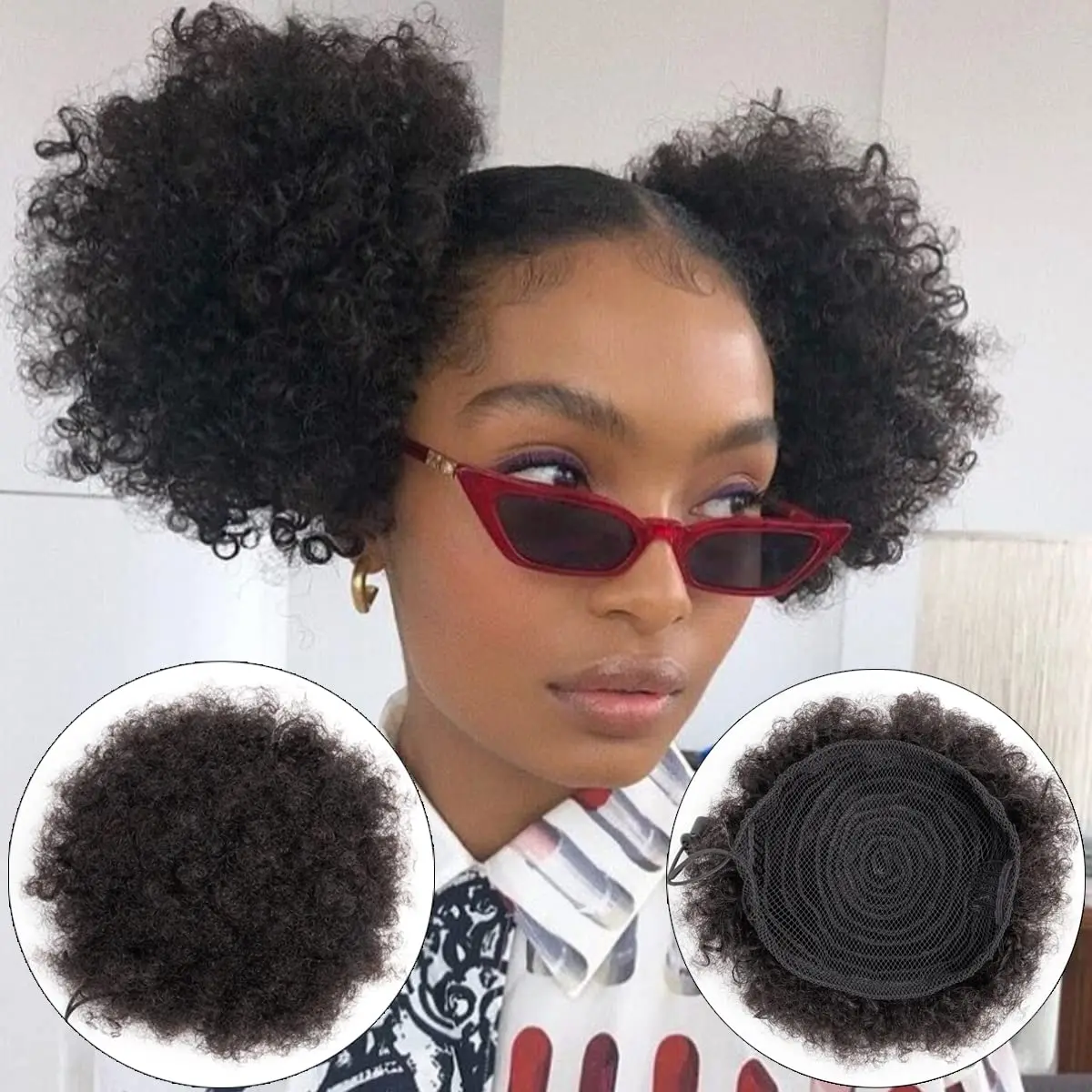 African fluffy drawstring ponytail human hair small curved curly ponytail hair clip 8A Brazilian virgin hair short clip in ponytail for black women, girls and children, natural black extensions