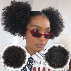 African fluffy drawstring ponytail human hair small curved curly ponytail hair clip 8A Brazilian virgin hair short clip in ponytail for black women, girls and children, natural black extensions