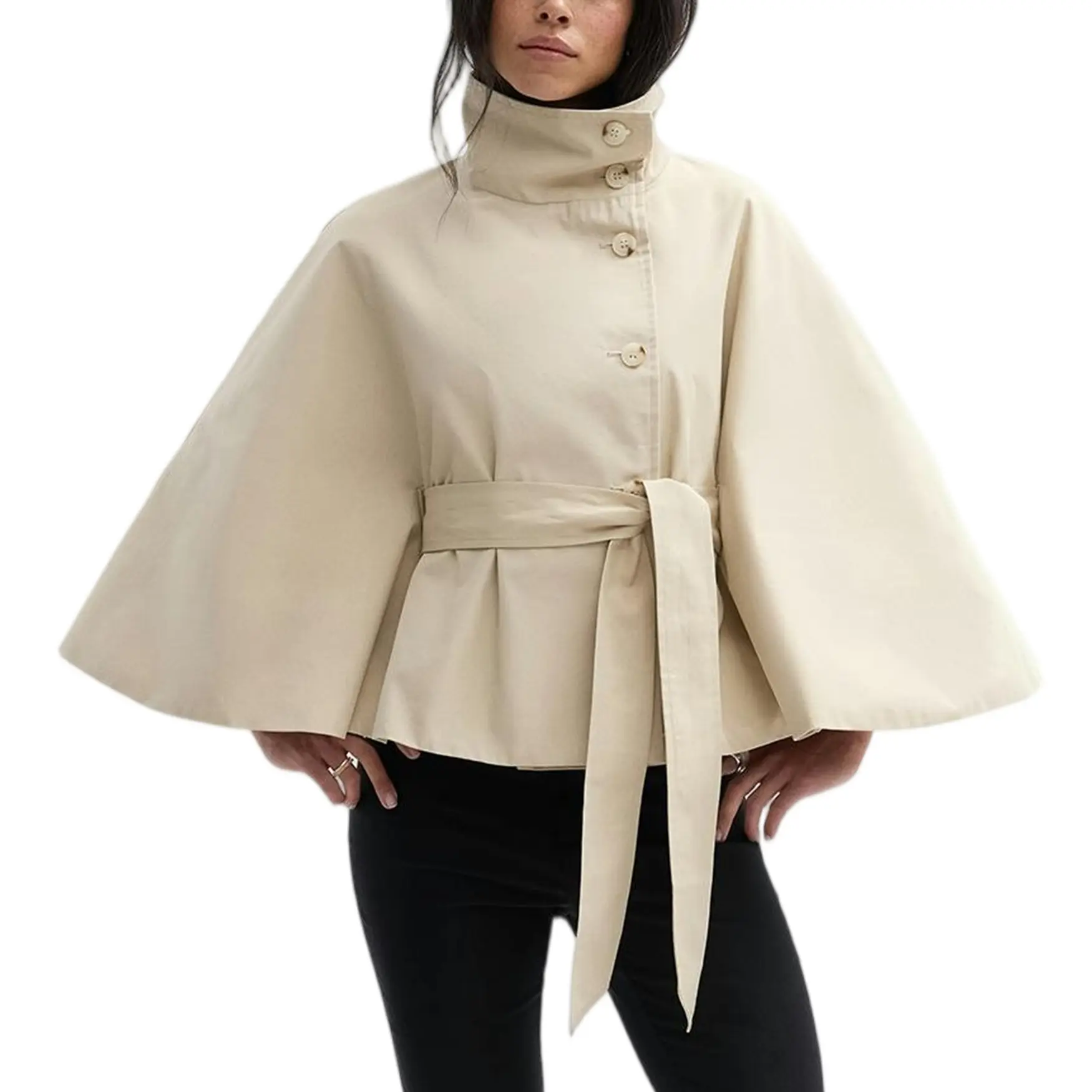 Songling Women's Fashion Plain Solid Short Cape Trench Coat - High Neck, Batwing Sleeves, Belted, Elegant Fitted Keep Warm Jackets & Coats for Spring/Fall Outerwear, Top Coat Women's Trench & Rain Jacket